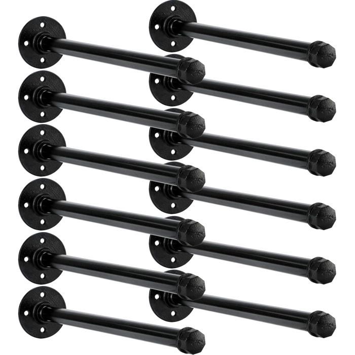Lot de 12 barres de penderie murales 30 cm style industriel en fer noir avec vis pour rangement vêtements