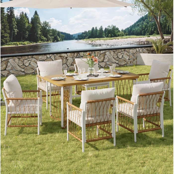 COVREO ensemble table et chaises de jardin 1 table 6 chaises avec coussins métal blanc et résine tressée