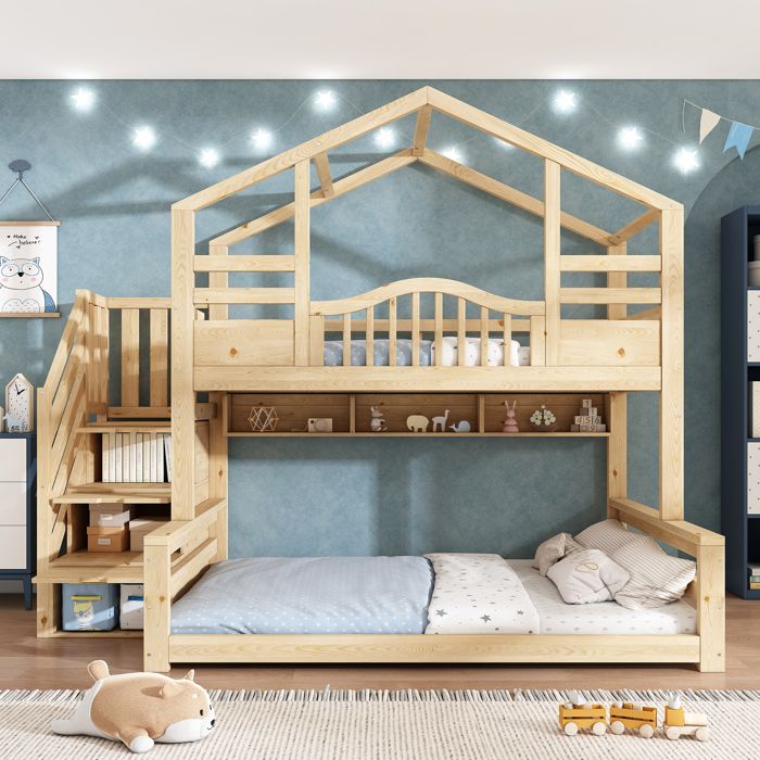 Lit superposé cabane – Lit enfant bois massif 90x200 cm + 140x200 cm - escalier rangement - Sommier inclus - bois Nature