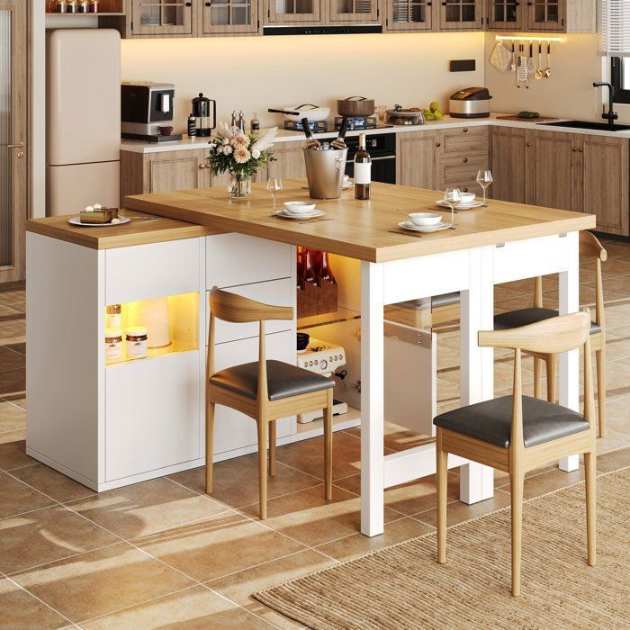 Îlot Central de Cuisine Pivotant à 360° avec Table Manger Extensible 120-197 cm LED et 4 Tiroirs Blanc