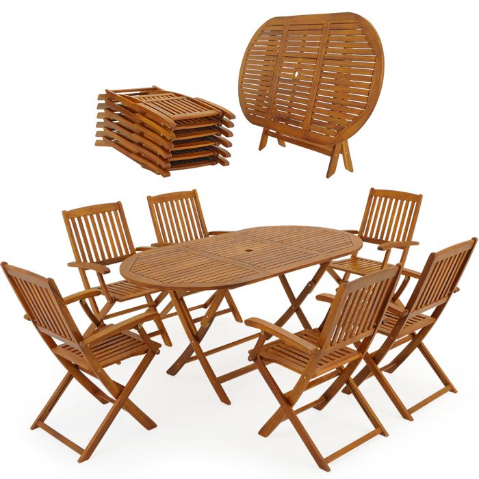 CASARIA® Table De Jardin Exterieur Avec Chaise 6 Personnes - Table Ovale Extensible En Bois DAcacia Avec Trou Pour Parasol