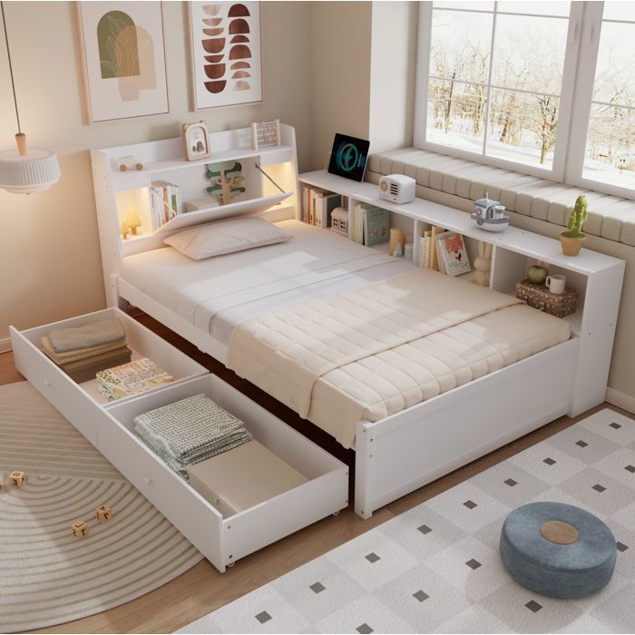 Lit simple 90 x 200 cm SENVIRO avec tête de lit avec rangement 2 lampes prise de charge rangements latéraux et 2 tiroirs blanc