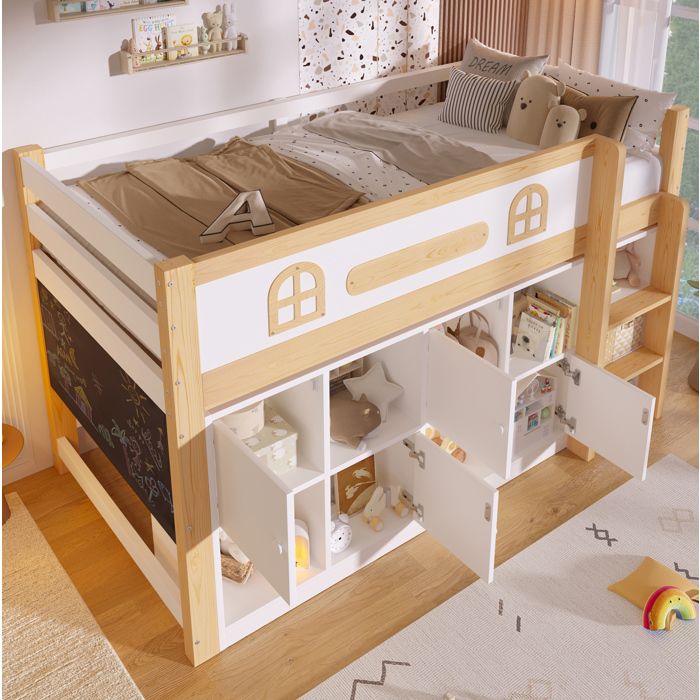 Lit mi-hauteur enfant 90×200 cm avec tableau noir et rangements - BEAUNIV - sans matelas bois et MDF - blanc et naturel