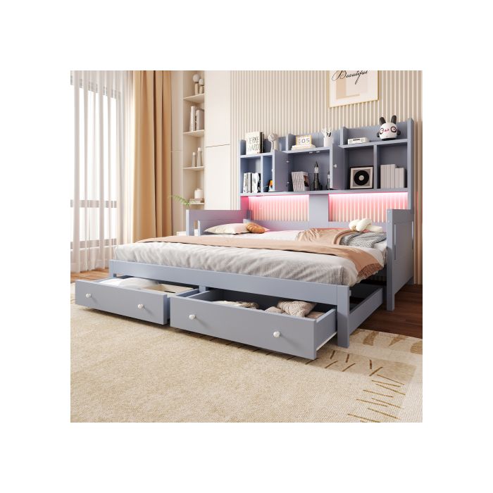 Lit Rangement - WESTYLE - Canapé-lit gigogne - 90x190 extensible 180x190 - LED & prises - 2 tiroirs et étagères