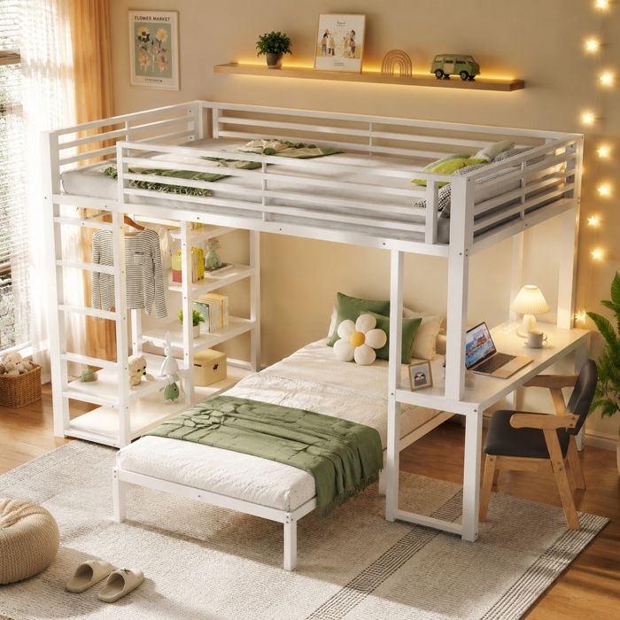 Luscriate - Lit superposé 90x200 cm 2 places avec bureau USB-C idéal pour les adolescents – blanc