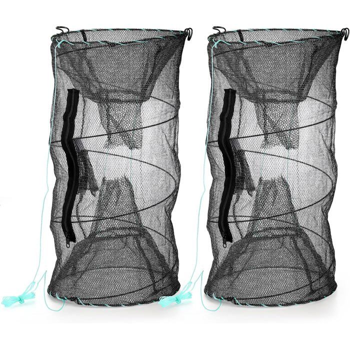 2 Nasses de pêche pliables pièges à crabes et écrevisses filet en nylon zippé 18 x 33 cm