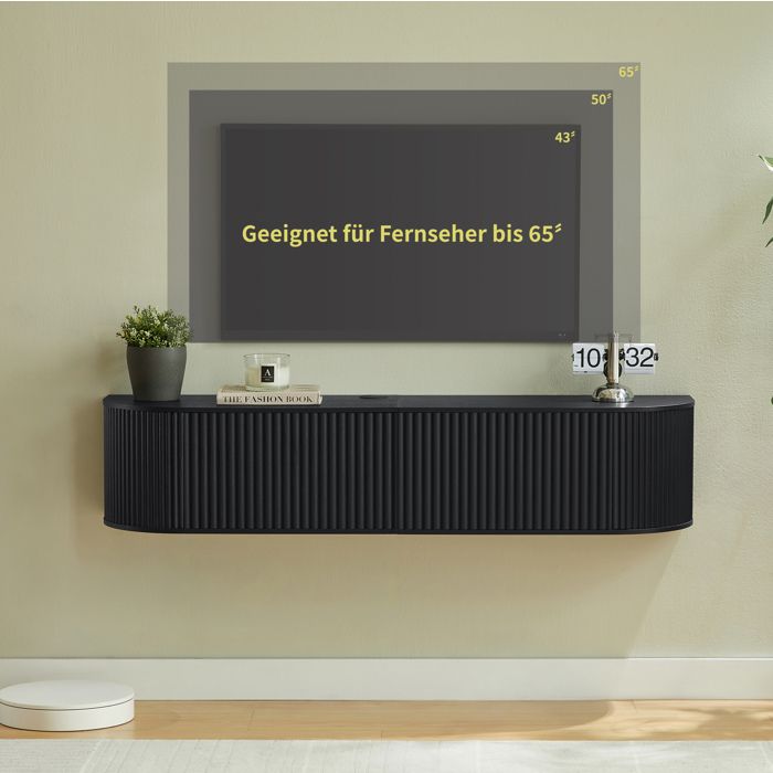 MEUBLIV Meuble TV mural suspendu 140 cm rangement fermé passe-câbles noir panneaux de particules et MDF