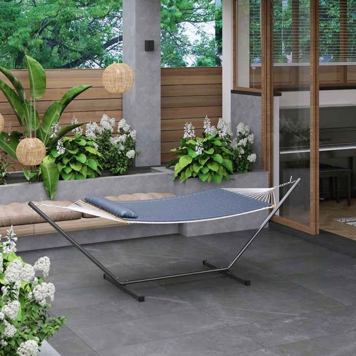 Hamac double 2 personnes avec support en acier réglable – 215 kg corde de coton avec barre en bois matelas matelassé style 5