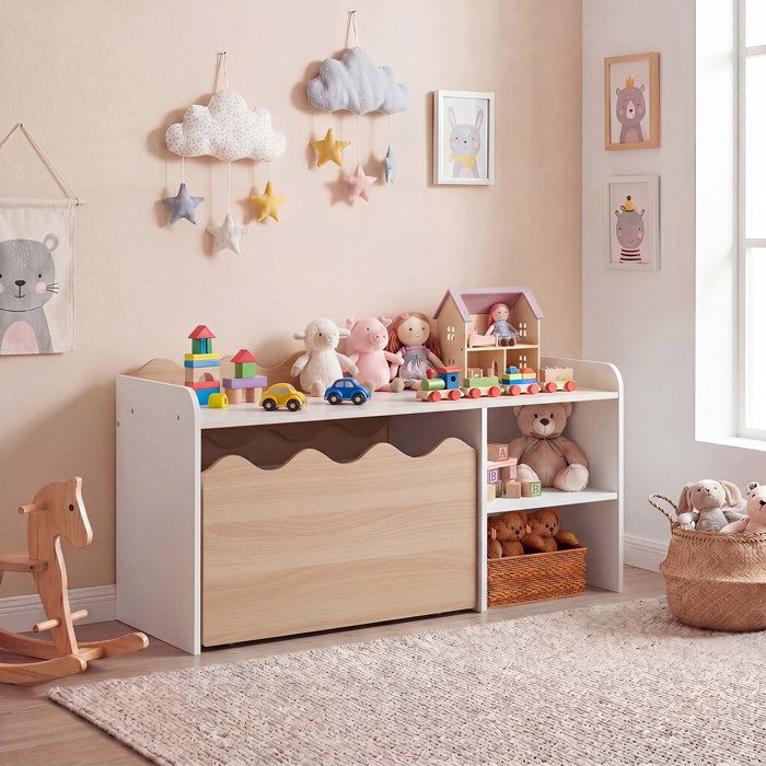 Table enfant bois avec grand plateau étagères ouvertes et coffre à roulettes naturel