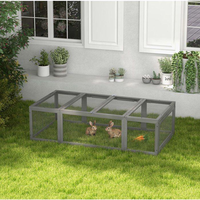 Clapier extérieur en bois gris – Enclos pour lapin et cobaye – Toit ouvrant – 180 x 90 x 48 cm