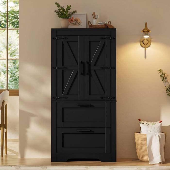 Buffet Haut Noir 2 Tiroirs Armoire Style Grange FloraGrace Pour Cuisine Et Salon Étagères Réglables 60x30x128cm