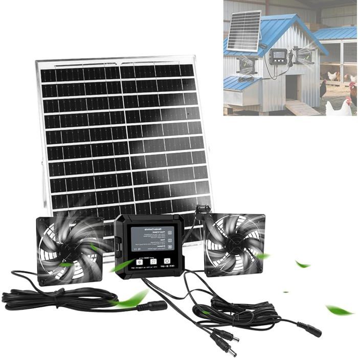 Kit Ventilateur Solaire Poulailler avec Batterie Minuterie 2 Ventilateur 3 Modes Ventilation Automatique détection Intelligente
