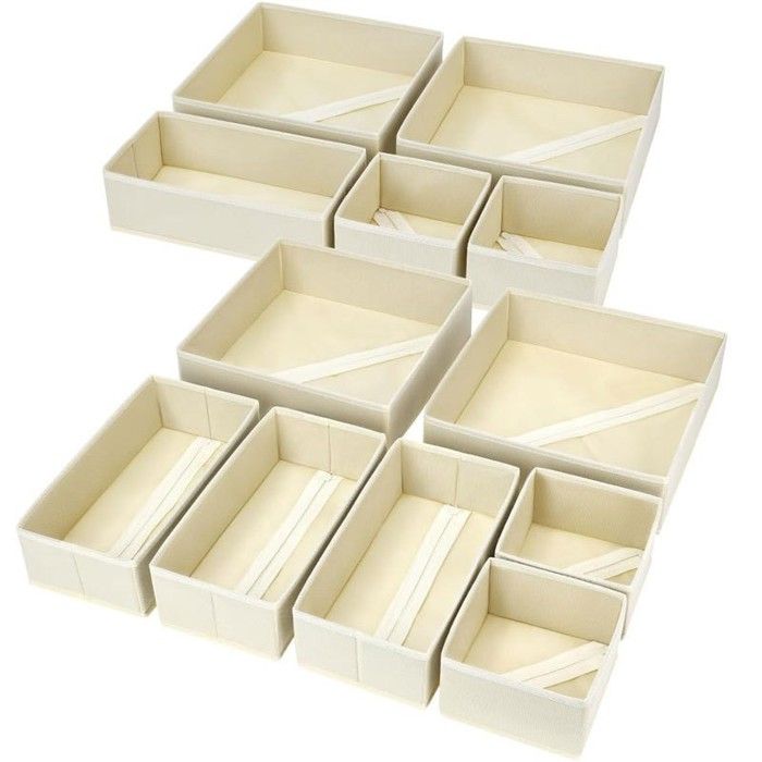 Boîtes Rangement Pliables Tissu - Lot 12 - Organisateurs Tiroirs Penderie Vêtements Chaussettes Beige