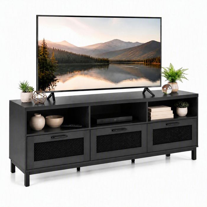 GIANTEX Meuble TV 160 CM Banc TV pour Téléviseurs jusquà 55-75 avec 3 Tiroirs en Maille 3 Niches Ouvertes Charge 100kg Noir GIANTEX Meuble TV 160 CM Banc TV pour Téléviseurs jusquà 55-75 avec 3 Tiroirs en Maille 3 Niches Ouvertes Charge 100kg Noir