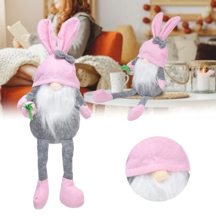 QUT Figure de lapin de Pâques, poupée sans visage de vieil homme nain,  ornement décoratif, longues jambes, chapeau rose 98666