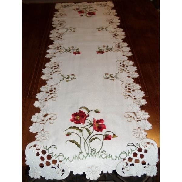 Quinnyshop Coquelicot Rouge chemin de table à broder Nappe Différentes tailles, Polyester, crème, White, 16 x 35 inches