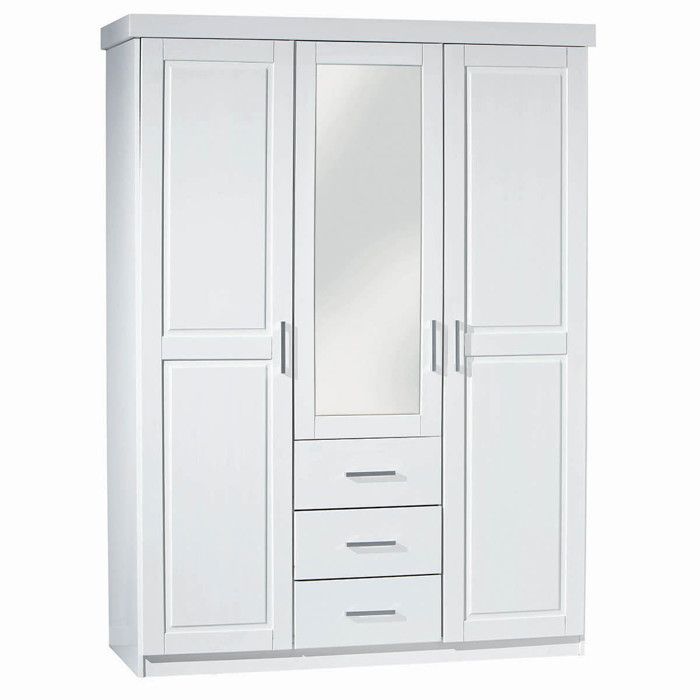 ALASKA - Armoire 3 Portes 1 Miroir Bois Massif Vernis Blanc