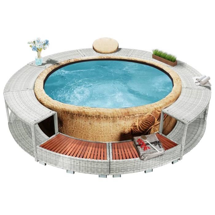 Cadre De Spa Carré En Résine Tressée Gris - 268x268x55 Cm, Avec 2 Marches En Acacia, Pour Jardin Et Terrasse