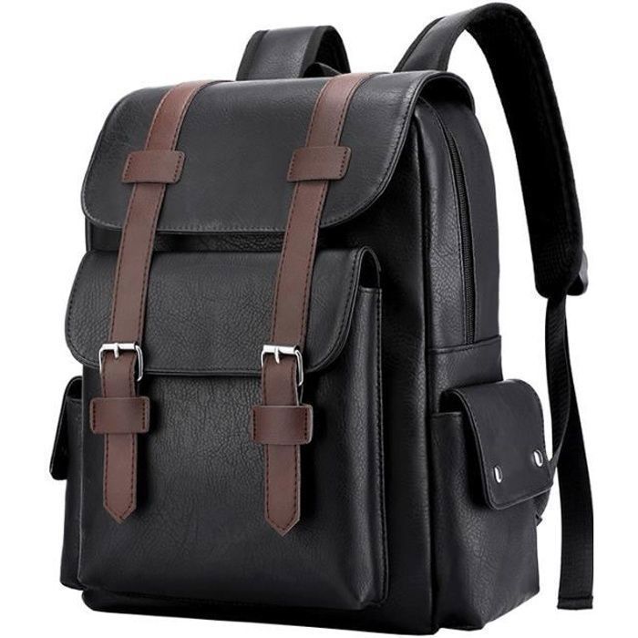 Sac a dos homme elegant cuir PU pour ordinateur portable 14 pouces college randonn e week ends voyage Noir