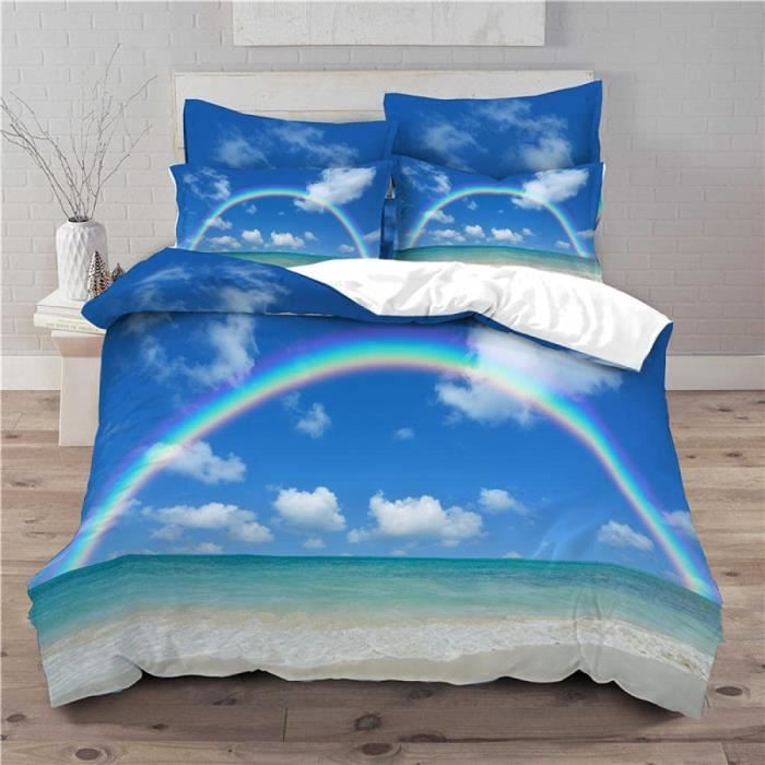 Housse de Couette - Arc-en-Ciel Bleu - Couvre Lit Imprimé 3D Recto