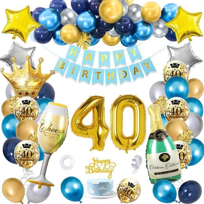 Decoration Anniversaire 40 Ans Homme Femme, DJLLA 40 Ans Banderole Joyeux  Anniversaire Triangle Bannière Deco, Ballon 40 Ans Marine Bleu Or Confettis