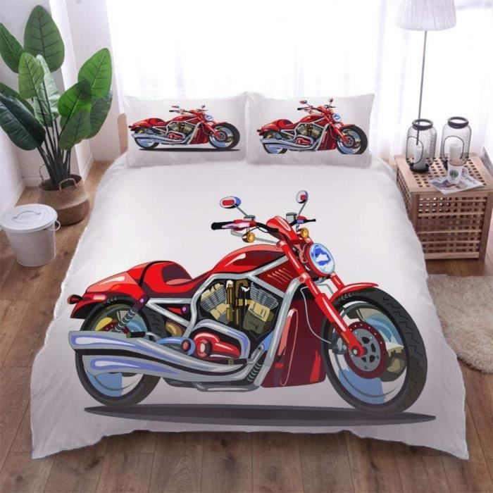 Parure de lit 3D Moto Rouge - Housse de couette 200x200 cm - Microfibre premium - Fermeture éclair cachée