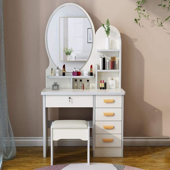 Commode moderne et minimaliste avec cinq tiroirs avec lampe de courtoisie commode de la chambre,Black un miroir avec coiffeuse coulissante et tabourets