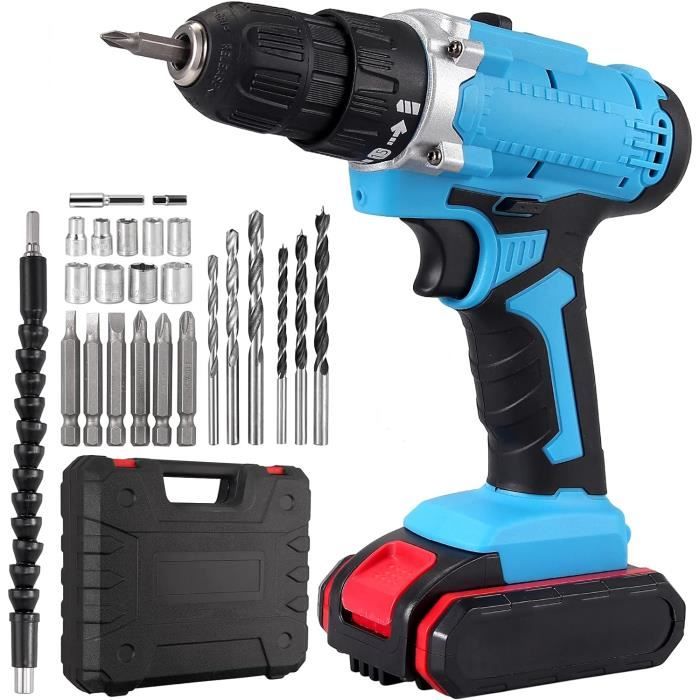 Perceuse-visseuse Sans Fil 21V 3,0Ah - 380 Nm, 2 Vitesses, Lumière LED - Kit 25 Accessoires - Bleu - 8