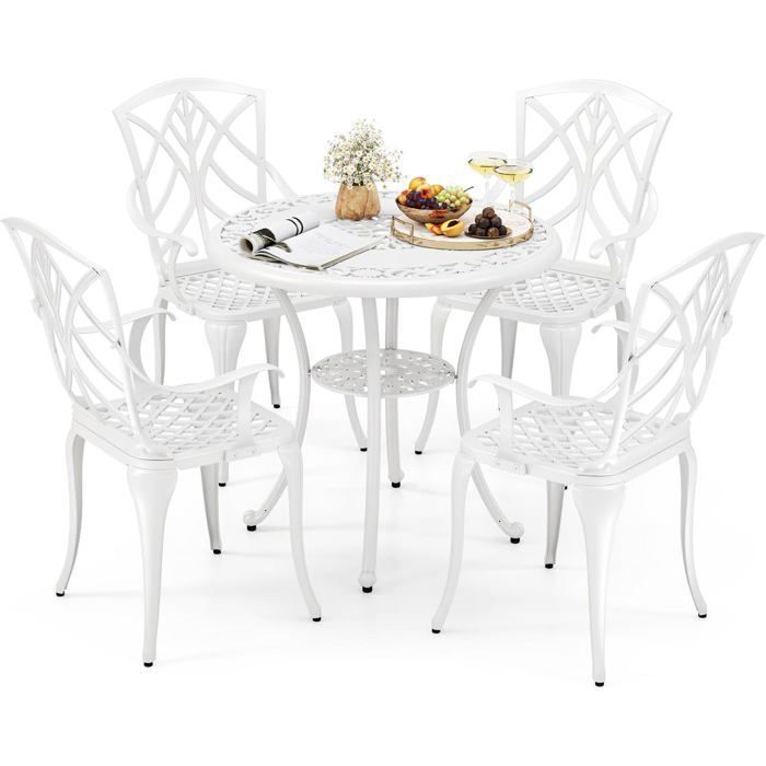 COSTWAY 5 Pcs Salon de Jardin en Fonte dAluminium - Trou pour Parasol Repose-pieds Réglables - 1 Table Ronde et 4 Chaises