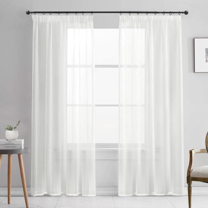Topfinel Paire Voilages Longs Voile Aspect Lin 140 X 228 Cm – Passe-Tringle, Blanc, Élégance & Lumière Douce