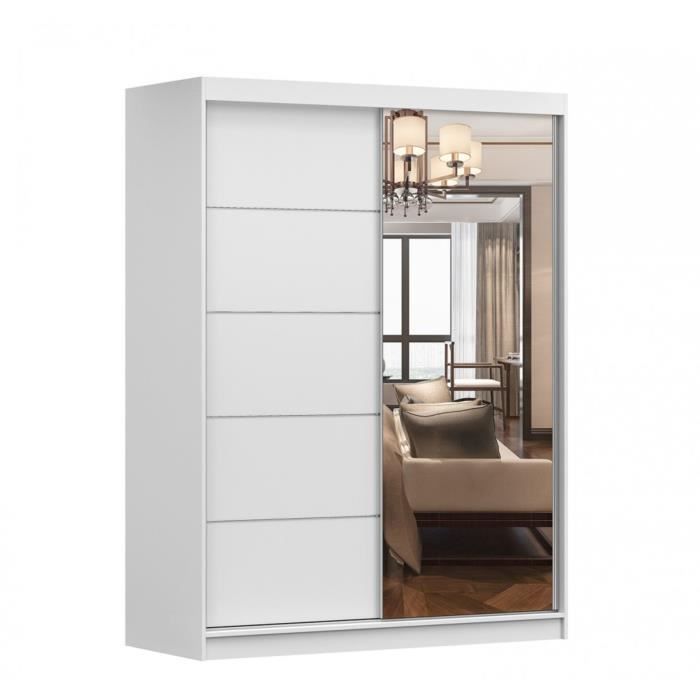 Armoire de chambre avec 2 portes coulissantes et miroir avec étagères - 150x200x61 cm - Beni 05 Classic (Blanc, 150)