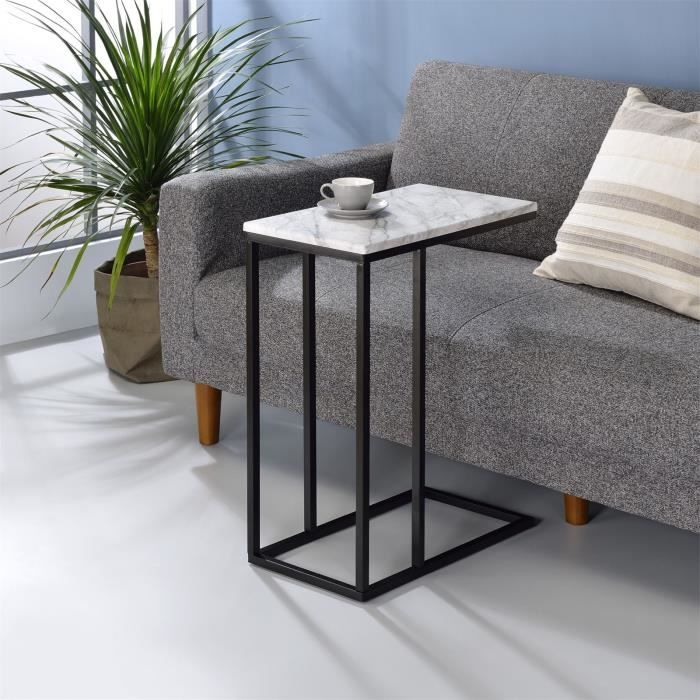 table d'appoint debora - idimex - bout de canapé cadre métal noir plateau mdf décor marbre blanc