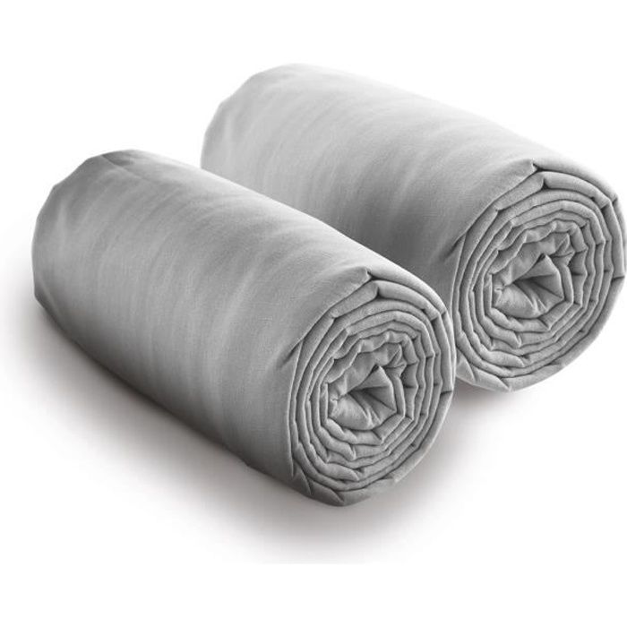 Lot de 2 draps housse 80x200 cm pour lit double 100% coton 80 X 200 Gris Clair