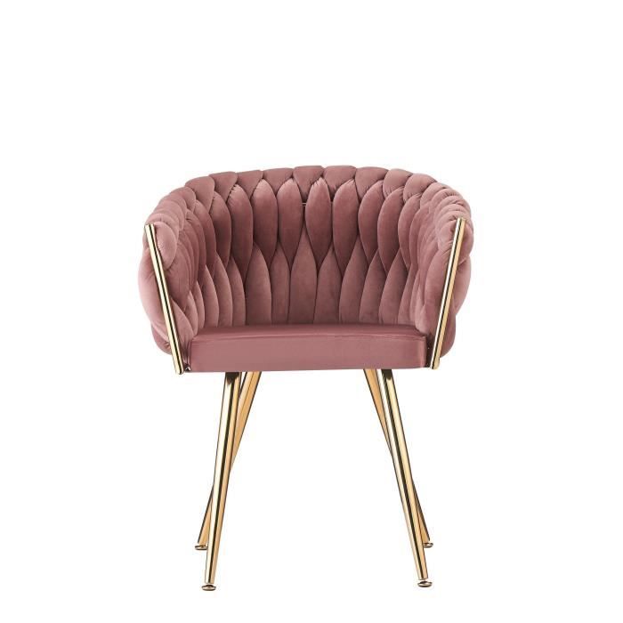 Chaise Tissée en Velours Rose - Avec Accoudoirs - Style Classique & Rétro - Pieds dorés- Salle à Manger ou Coiffeuse