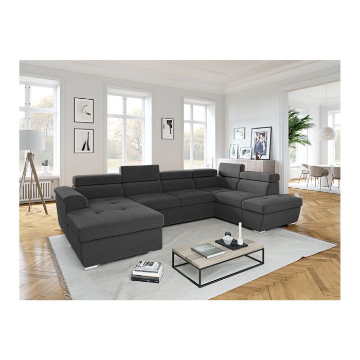 Canapé panoramique convertible avec 2 coffres PAOLA en tissu - Gris foncé - L320 5 x P188 x H76cm - LOUNGITUDE Canapé panoramique convertible avec 2 coffres PAOLA en tissu - Gris foncé - L320 5 x P188 x H76cm - LOUNGITUDE