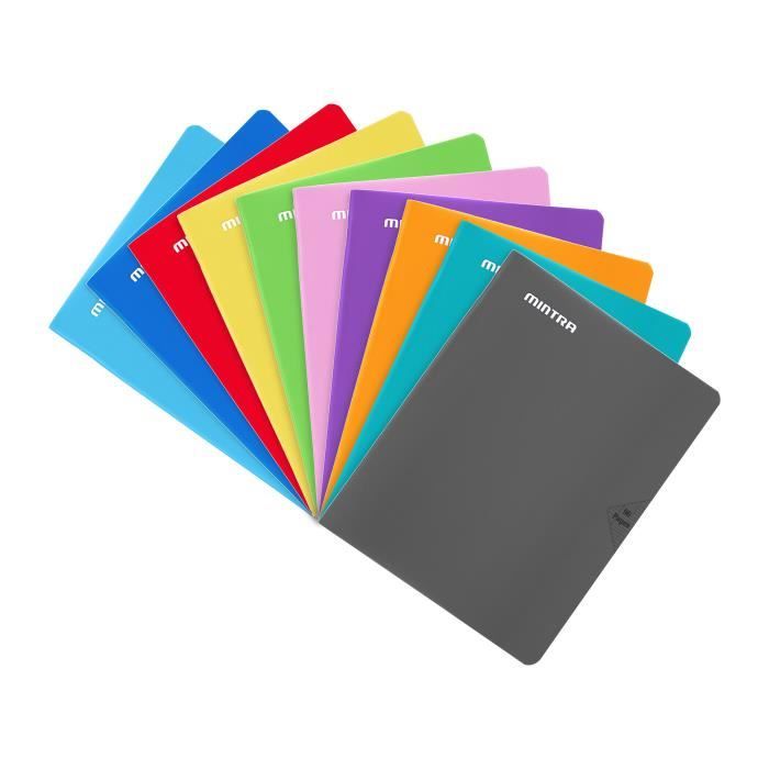 Mintra lot de 10 Cahiers 90 gm agrafés en Couverture Plastique 24x32 seyes coloris assortis 96