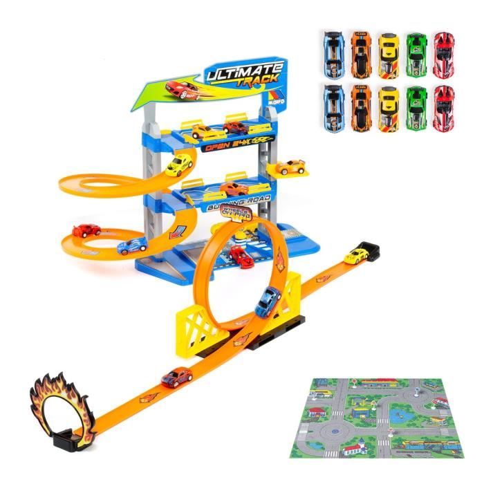 YATOSEEN Circuit De Voitures Avec 6 Mini Voitures – 4 Pistes Colorées, Garages Et Parkings – Jouet Montessori Dès 3 Ans