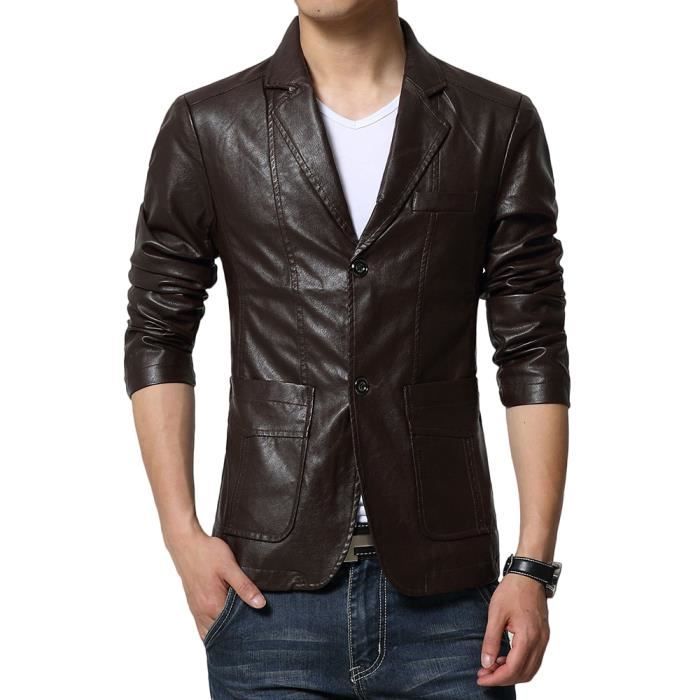 Veste Homme En Cuir Col Tailleur En Casual Coupe Slim Ouverture