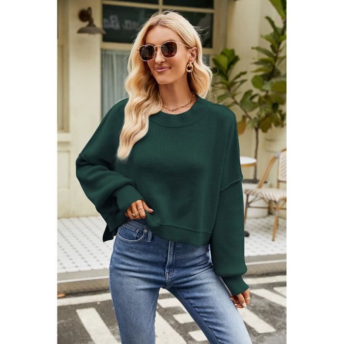 Pull Femme En Tricot Court Col Arrondi Manches Longues Epais Chaud