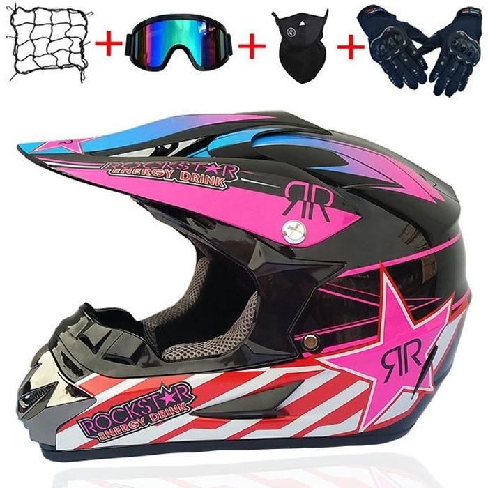  Adulte Casque Cross avec Gants/ Lunettes/ Masque/ Filet à  Elastique, Noir/ Rockstar, Casque Motocross Set Casque Moto VTT Integral  Velo Quad Enduro ATV Scooter pour Homme Femme,S (Small)