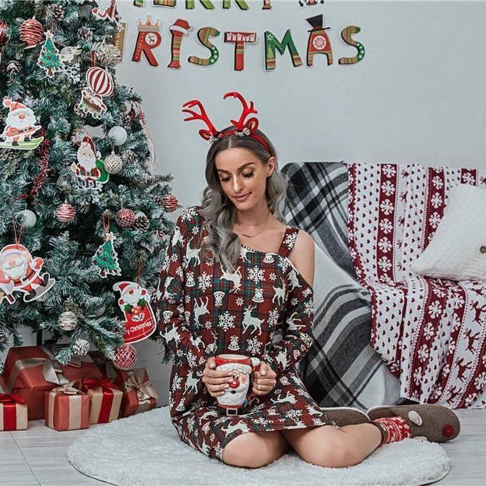 Robe sexy pour femmes Robe de Noel sans bretelles imprimee a manches longues blanche Blanche Cdiscount Pret a Porter