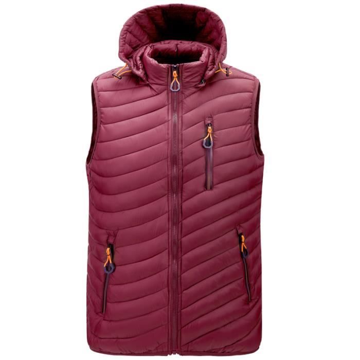 Doudoune Homme,Sans Manche Doudoune avec Capuche Amovible avec Zippé,Veste en Duvet à Capuchon Chaud en Automne et En Hiver-Rouge