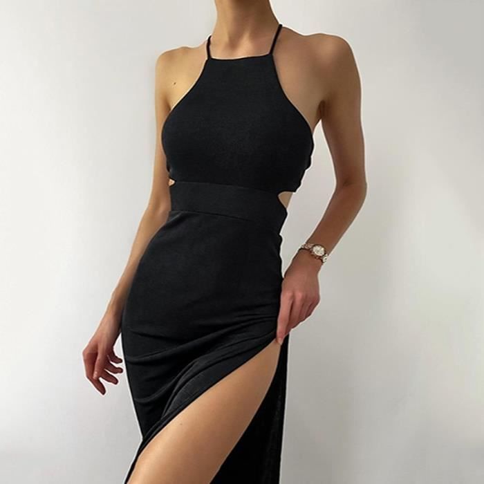 Cote fendu evider robe d ete Halter Bandage taille haute femmes robes noir Beachwear fete le noir M Le noir Cdiscount Pret a Porter