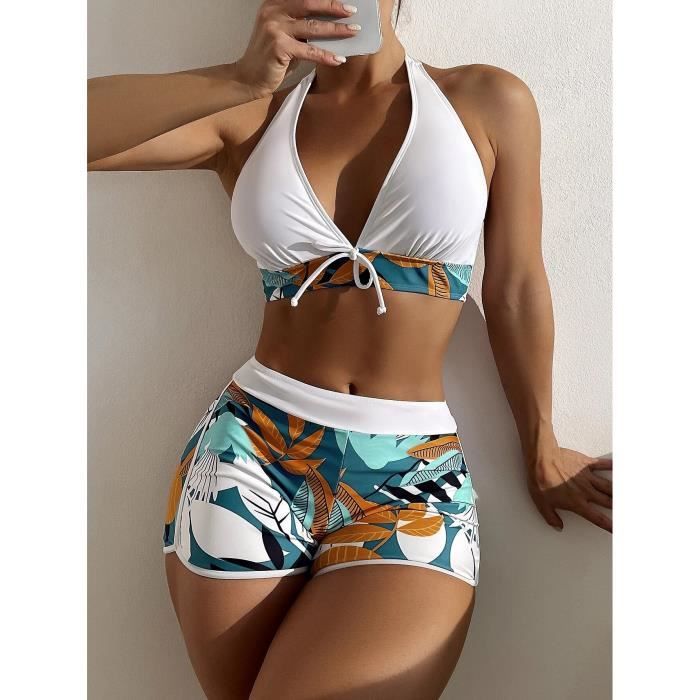 Maillot de Bain Femme Fendu Taille Haute Boxer Dentelle Imprime Couleur Unie Couture Maillot de Bain blanc
