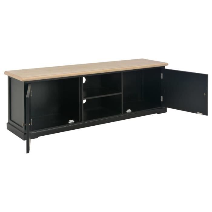 Meuble TV noir et cannage 115 x 40 x 48cm - Bianca - 2 niveaux - portes