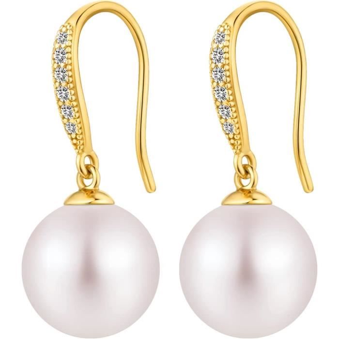 Boucles D'oreilles Perles Pendantes Plaqué Or 14K - Créoles élégantes Pour Femme, Zircon étincelant - 9