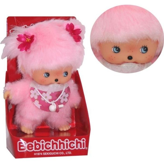 Peluche Singe Kiki fille Monchhichi couettes noeuds rose SEKIGUCHI