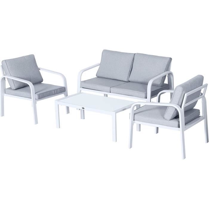 GOPLUS Salon De Jardin 4 Places – Canapé 2P + 2 Fauteuils + Table Basse Verre, Textilène Gris, Charge 240/120/40 Kg