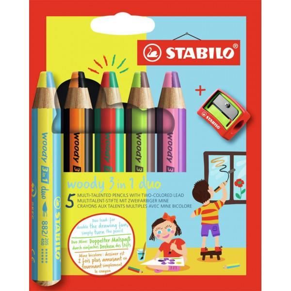 Etui carton de 5 crayons de couleur STABILO woody 3 in 1 mine bicolore + 1 taille-crayon