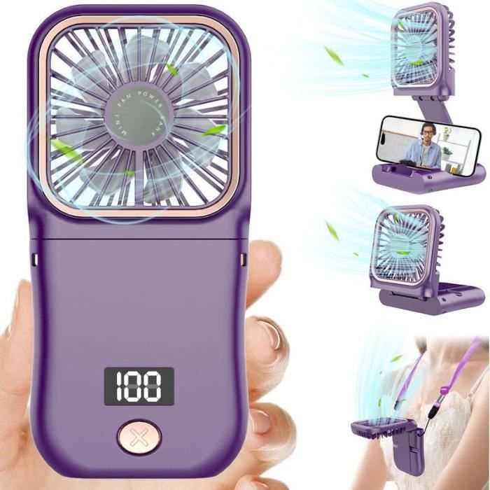 Ventilateur Turbo Portable Pliable - 5 Vitesses, Batterie 3600mAh, écran Numérique, Recharge USB-C - Gris/noir